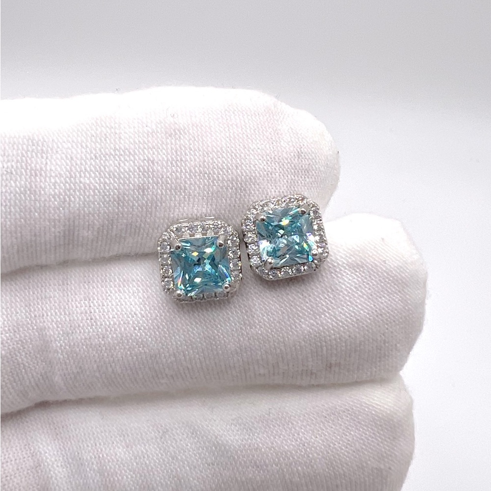.925 Sterling Silver Halo Cushion Cut Simulated Aquamarine Cz Earrings